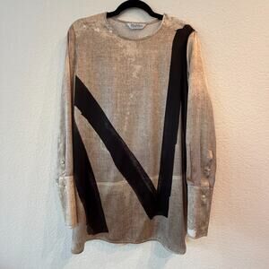 Max Mara Silk Tunic Top Art Print Italian Designer M Graphic Beige Black Size M